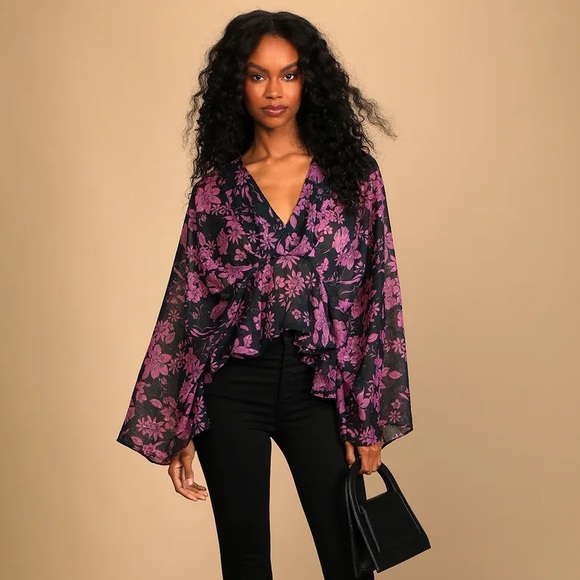Lulus Tops - NEW Midnight Blue Floral Print Long Sleeve Top
